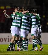 23 October 2021; Shamrock Rovers players celebrate their side's first goal, scored by Graham Burke, hidden, during the SSE Airtricity League Premier Division match between Longford Town and Shamrock Rovers at Bishopsgate in Longford. Photo by Seb Daly/Sportsfile