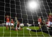 23 October 2021; Switzerland goalkeeper Isabel Rutishauser saves a shot on goal from Della Doherty of Republic of Ireland late on during the UEFA Women's U19 Championship Qualifier match between Switzerland and Republic of Ireland at Markets Field in Limerick. Photo by Eóin Noonan/Sportsfile