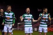 23 October 2021; Shamrock Rovers players, from left, Sean Gannon, Sean Hoare and Lee Grace celebrate after their side's victory in their SSE Airtricity League Premier Division match against Longford Town at Bishopsgate in Longford. Photo by Seb Daly/Sportsfile
