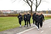 24 October 2021; Republic of Ireland players, from left, Lucy Quinn, Courtney Brosnan, Diane Caldwell, Louise Quinn, Savannah McCarthy Denise O'Sullivan and Grace Moloney during a walk in Helsinki ahead of the team's FIFA Women's World Cup 2023 Qualifier against Finalnd on Tuesday. Photo by Stephen McCarthy/Sportsfile