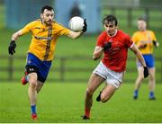 23 October 2021; Kevin McLoughlin of Knockmore in action against Kealan McDonnell of Ballintubber during the Mayo County Senior Club Football Championship Quarter-Final match between Ballintubber and Knockmore at Connacht GAA Centre in Bekan, Mayo. Photo by Matt Browne/Sportsfile