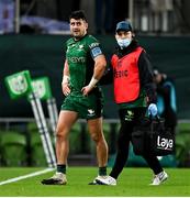 23 October 2021; Tiernan O’Halloran of Connacht leaves the pitch with an injury during the United Rugby Championship match between Connacht and Ulster at Aviva Stadium in Dublin. Photo by Brendan Moran/Sportsfile