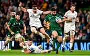 23 October 2021; Matthew Burke of Connacht breaks away from Nick Timoney and Rob Herring of Ulster during the United Rugby Championship match between Connacht and Ulster at Aviva Stadium in Dublin. Photo by Brendan Moran/Sportsfile