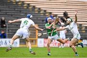 24 October 2021; Martin Walsh of Tullaroan in action against Huw Lawlor, left, and Paddy Deegan of O'Loughlin Gaels during the Kilkenny County Senior Club Hurling Championship Semi-Final match between Tullaroan and O'Loughlin Gaels at UPMC Nowlan Park in Kilkenny. Photo by Sam Barnes/Sportsfile