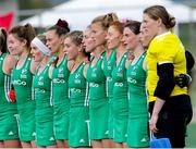 24 October 2021; Ireland players during the national anthem before the FIH Women's World Cup European Qualifier Final match between Ireland and Wales at Pisa in Italy. Photo by Roberto Bregani/Sportsfile