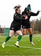 24 October 2021; Lucy Quinn, left, and Jamie Finn during a Republic of Ireland Women training session at Leppavaara Stadium in Helsinki, Finland. Photo by Stephen McCarthy/Sportsfile