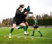 24 October 2021; Lucy Quinn, left, and Jamie Finn during a Republic of Ireland Women training session at Leppavaara Stadium in Helsinki, Finland. Photo by Stephen McCarthy/Sportsfile