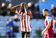 24 October 2021; James Akintunde of Derry City reacts to a missed chance during the SSE Airtricity League Premier Division match between Drogheda United and Derry City at United Park in Drogheda, Louth. Photo by Ramsey Cardy/Sportsfile