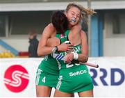 24 October 2021; Anna O'Flanagan of Ireland is congratulated by her team-mate Zara Malseed after scoring her side's second goal during the FIH Women's World Cup European Qualifier Final match between Ireland and Wales at Pisa in Italy. Photo by Roberto Bregani/Sportsfile