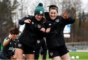 24 October 2021; Jamie Finn, left, and Lucy Quinn during a Republic of Ireland Women training session at Leppavaara Stadium in Helsinki, Finland. Photo by Stephen McCarthy/Sportsfile