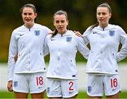 23 October 2021; England players, from left, Caitlin Smith, Jorja Fox and Mia Ross during the UEFA Women's U19 Championship Qualifier match between England and Northern Ireland at Jackman Park in Limerick. Photo by Eóin Noonan/Sportsfile
