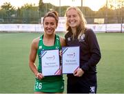 24 October 2021; Anna O'Flanagan of Ireland, left, with her EuroHockey Top Scorer award for scoring 86 international goals, alongside Fiona Burnet of Scotland with her EuroHockey Top Scorer award following the FIH Women's World Cup European Qualifier Final match between Ireland and Wales at Pisa in Italy. Photo by Roberto Bregani/Sportsfile