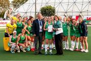 24 October 2021; Katie Mullan capitain of Ireland, centre, is presented with the award for Qualifying to FIH Hockey Women's World Cup 2022 after victory in the FIH Women's World Cup European Qualifier Final match between Ireland and Wales at Pisa in Italy. Photo by Roberto Bregani/Sportsfile