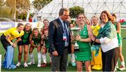 24 October 2021; Katie Mullan capitain of Ireland with the cup after victory in the FIH Women's World Cup European Qualifier Final match between Ireland and Wales at Pisa in Italy. Photo by Roberto Bregani/Sportsfile