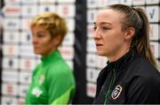 25 October 2021; Louise Quinn and manager Vera Pauw during a Republic of Ireland Women press conference at Helsinki Olympic Stadium in Helsinki, Finland. Photo by Stephen McCarthy/Sportsfile
