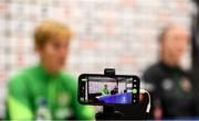 25 October 2021; Manager Vera Pauw and Louise Quinn, right, during a Republic of Ireland Women press conference at Helsinki Olympic Stadium in Helsinki, Finland. Photo by Stephen McCarthy/Sportsfile