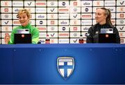 25 October 2021; Manager Vera Pauw and Louise Quinn, right, during a Republic of Ireland Women press conference at Helsinki Olympic Stadium in Helsinki, Finland. Photo by Stephen McCarthy/Sportsfile