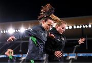 25 October 2021; Áine O'Gorman, left, and Aoibheann Clancy during a Republic of Ireland Women training session at Helsinki Olympic Stadium in Helsinki, Finland. Photo by Stephen McCarthy/Sportsfile