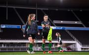 25 October 2021; Aoibheann Clancy and Katie McCabe, right, during a Republic of Ireland Women training session at Helsinki Olympic Stadium in Helsinki, Finland. Photo by Stephen McCarthy/Sportsfile