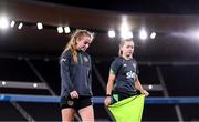 25 October 2021; Aoibheann Clancy and Katie McCabe, right, during a Republic of Ireland Women training session at Helsinki Olympic Stadium in Helsinki, Finland. Photo by Stephen McCarthy/Sportsfile