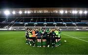 25 October 2021; Players and staff huddle during a Republic of Ireland Women training session at Helsinki Olympic Stadium in Helsinki, Finland. Photo by Stephen McCarthy/Sportsfile