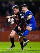 25 October 2021; Conor Levingston of Bohemians in action against Eddie Nolan of Waterford during the SSE Airtricity League Premier Division match between Bohemians and Waterford at Dalymount Park in Dublin. Photo by Seb Daly/Sportsfile