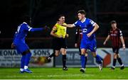 25 October 2021; John Martin of Waterford, right, celebrates with team-mate Junior Quitirna after scoring their side's first goal during the SSE Airtricity League Premier Division match between Bohemians and Waterford at Dalymount Park in Dublin. Photo by Seb Daly/Sportsfile