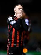 25 October 2021; Keith Ward of Bohemians reacts after failing to convert a chance on goal during the SSE Airtricity League Premier Division match between Bohemians and Waterford at Dalymount Park in Dublin. Photo by Seb Daly/Sportsfile