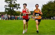 17 October 2021; Niall Murphy of Ennis Track AC, Clare, left, and Jonas Stafford of Ashford AC, Wicklow, competing in the Junior Men's 6000m during the Autumn Open International Cross Country at the Sport Ireland Campus in Dublin. Photo by Sam Barnes/Sportsfile