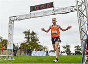 17 October 2021; Aaron Smith of Cilles AC, Meath, celebrates finishing third in the Junior Men's 6000m  during the Autumn Open International Cross Country at the Sport Ireland Campus in Dublin. Photo by Sam Barnes/Sportsfile
