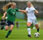 26 October 2021; Ellen Molloy of Republic of Ireland in action against Abbie McHenry of Northern Ireland during the UEFA Women's U19 Championship Qualifier Group 5 Qualifying Round 1 League A match between Northern Ireland and Republic of Ireland at Jackman Park in Markets Field, Limerick. Photo by Eóin Noonan/Sportsfile