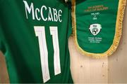 26 October 2021; The jersey of Katie McCabe hangs in the Republic of Ireland dressing room prior to the FIFA Women's World Cup 2023 qualifying group A match between Finland and Republic of Ireland at Helsinki Olympic Stadium in Helsinki, Finland. Photo by Stephen McCarthy/Sportsfile