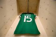 26 October 2021; The jersey of Lucy Quinn hangs in the Republic of Ireland dressing room prior to the FIFA Women's World Cup 2023 qualifying group A match between Finland and Republic of Ireland at Helsinki Olympic Stadium in Helsinki, Finland. Photo by Stephen McCarthy/Sportsfile