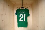 26 October 2021; The jersey of Aoibheann Clancy hangs in the Republic of Ireland dressing room prior to the FIFA Women's World Cup 2023 qualifying group A match between Finland and Republic of Ireland at Helsinki Olympic Stadium in Helsinki, Finland. Photo by Stephen McCarthy/Sportsfile