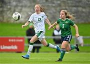 26 October 2021; Teegán Lynch of Republic of Ireland in action against Ella Haughey of Northern Ireland during the UEFA Women's U19 Championship Qualifier Group 5 Qualifying Round 1 League A match between Northern Ireland and Republic of Ireland at Jackman Park in Markets Field, Limerick. Photo by Eóin Noonan/Sportsfile