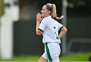 26 October 2021; Jessie Stapleton of Republic of Ireland celebrates after scoring her side's second goal from a penalty during the UEFA Women's U19 Championship Qualifier Group 5 Qualifying Round 1 League A match between Northern Ireland and Republic of Ireland at Jackman Park in Markets Field, Limerick. Photo by Eóin Noonan/Sportsfile