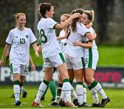 26 October 2021; Jessie Stapleton of Republic of Ireland, right, celebrates with team-mates after scoring her side's second goal from a penalty during the UEFA Women's U19 Championship Qualifier Group 5 Qualifying Round 1 League A match between Northern Ireland and Republic of Ireland at Jackman Park in Markets Field, Limerick. Photo by Eóin Noonan/Sportsfile