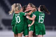 26 October 2021; Megan Connolly of Republic of Ireland celebrates with her team-mates after scoring her side's first goal during the FIFA Women's World Cup 2023 qualifying group A match between Finland and Republic of Ireland at Helsinki Olympic Stadium in Helsinki, Finland. Photo by Stephen McCarthy/Sportsfile