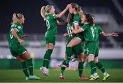 26 October 2021; Megan Connolly of Republic of Ireland celebrates with her team-mates after scoring her side's first goal during the FIFA Women's World Cup 2023 qualifying group A match between Finland and Republic of Ireland at Helsinki Olympic Stadium in Helsinki, Finland. Photo by Stephen McCarthy/Sportsfile