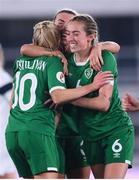 26 October 2021; Denise O'Sullivan of Republic of Ireland is congratulates by team-mate Savannah McCarthy, centre, and Megan Connolly, right, after scoring her side's second goal during the FIFA Women's World Cup 2023 qualifying group A match between Finland and Republic of Ireland at Helsinki Olympic Stadium in Helsinki, Finland. Photo by Stephen McCarthy/Sportsfile