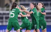 26 October 2021; Denise O'Sullivan, second from left, of Republic of Ireland is congratulated by her team-mates after scoring her side's second goal during the FIFA Women's World Cup 2023 qualifying group A match between Finland and Republic of Ireland at Helsinki Olympic Stadium in Helsinki, Finland. Photo by Stephen McCarthy/Sportsfile
