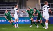 26 October 2021; Denise O'Sullivan of Republic of Ireland, centre, celebrates after scoring her side's second goal during the FIFA Women's World Cup 2023 qualifying group A match between Finland and Republic of Ireland at Helsinki Olympic Stadium in Helsinki, Finland. Photo by Stephen McCarthy/Sportsfile