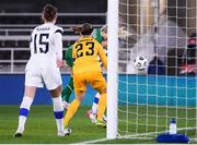 26 October 2021; Denise O'Sullivan of Republic of Ireland heads to score her side's second goal during the FIFA Women's World Cup 2023 qualifying group A match between Finland and Republic of Ireland at Helsinki Olympic Stadium in Helsinki, Finland. Photo by Stephen McCarthy/Sportsfile