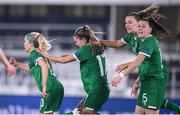 26 October 2021; Denise O'Sullivan of Republic of Ireland, left, celebrates with her team-mates after scoring her side's second goal during the FIFA Women's World Cup 2023 qualifying group A match between Finland and Republic of Ireland at Helsinki Olympic Stadium in Helsinki, Finland. Photo by Stephen McCarthy/Sportsfile