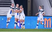 26 October 2021; Adelina Engman of Finland celebrates with her team-mates after scoring her side's first goal during the FIFA Women's World Cup 2023 qualifying group A match between Finland and Republic of Ireland at Helsinki Olympic Stadium in Helsinki, Finland. Photo by Stephen McCarthy/Sportsfile