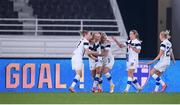 26 October 2021; Adelina Engman of Finland celebrates with her team-mates after scoring her side's first goal during the FIFA Women's World Cup 2023 qualifying group A match between Finland and Republic of Ireland at Helsinki Olympic Stadium in Helsinki, Finland. Photo by Stephen McCarthy/Sportsfile