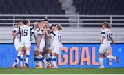 26 October 2021; Adelina Engman of Finland celebrates with her team-mates after scoring her side's first goal during the FIFA Women's World Cup 2023 qualifying group A match between Finland and Republic of Ireland at Helsinki Olympic Stadium in Helsinki, Finland. Photo by Stephen McCarthy/Sportsfile