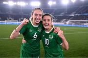 26 October 2021; Megan Connolly, left, and Denise O'Sullivan of Republic of Ireland celebrate after their side's victory in the FIFA Women's World Cup 2023 qualifying group A match between Finland and Republic of Ireland at Helsinki Olympic Stadium in Helsinki, Finland. Photo by Stephen McCarthy/Sportsfile