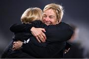26 October 2021; Republic of Ireland manager Vera Pauw celebrates with Evelyn McMullan, FAI team operations, after their side's victory in the FIFA Women's World Cup 2023 qualifying group A match between Finland and Republic of Ireland at Helsinki Olympic Stadium in Helsinki, Finland. Photo by Stephen McCarthy/Sportsfile