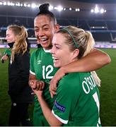 26 October 2021; Rianna Jarrett, left, and Denise O'Sullivan of Republic of Ireland celebrate after their side's victory in the FIFA Women's World Cup 2023 qualifying group A match between Finland and Republic of Ireland at Helsinki Olympic Stadium in Helsinki, Finland. Photo by Stephen McCarthy/Sportsfile